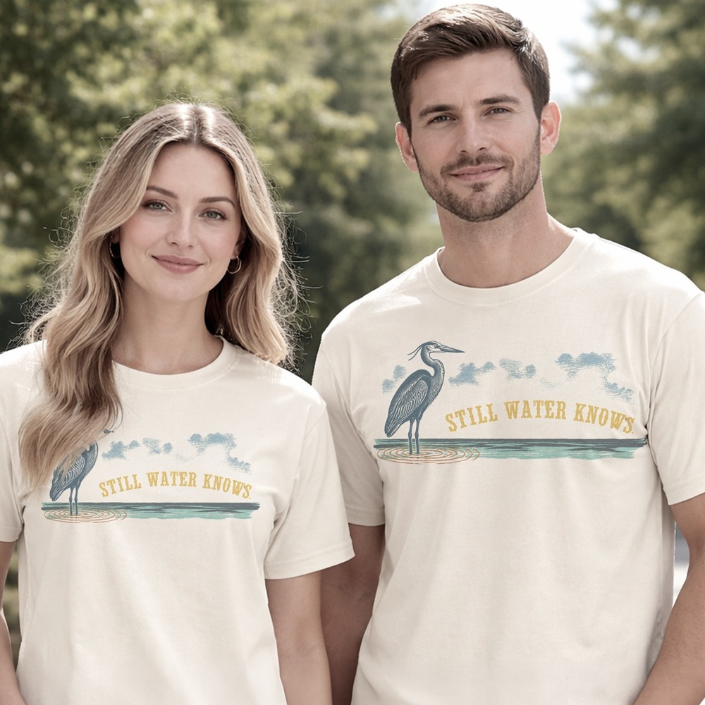 Still Water Knows Heron Standing in the Shallows Tee